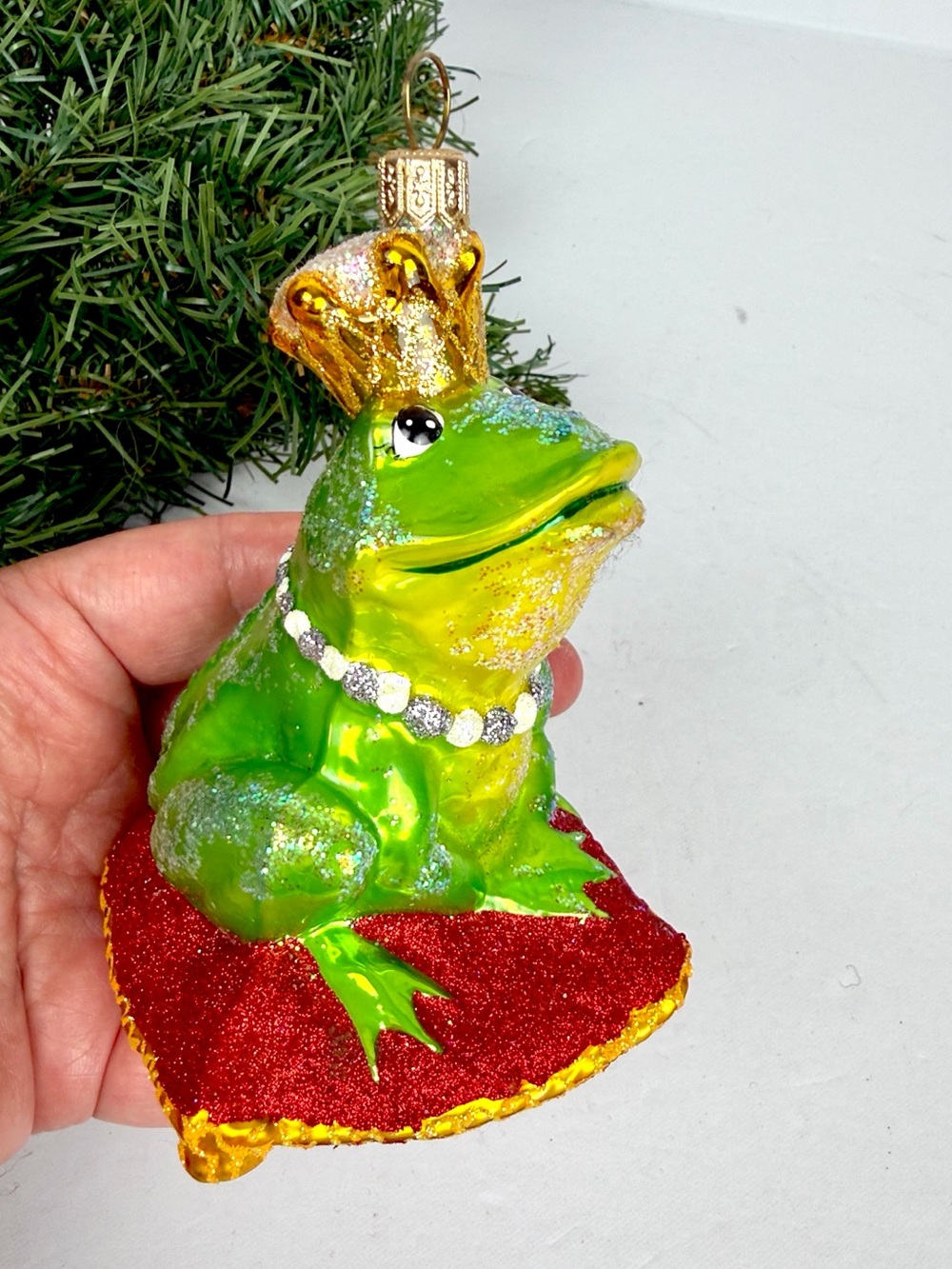Frog Princess Glass Christmas Ornament Crown Red Pillow Glitter